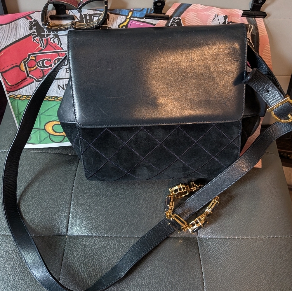 Salvatore Ferragamo Vintage Black Leather Suede Quilted Shoulder Bag Crossbody